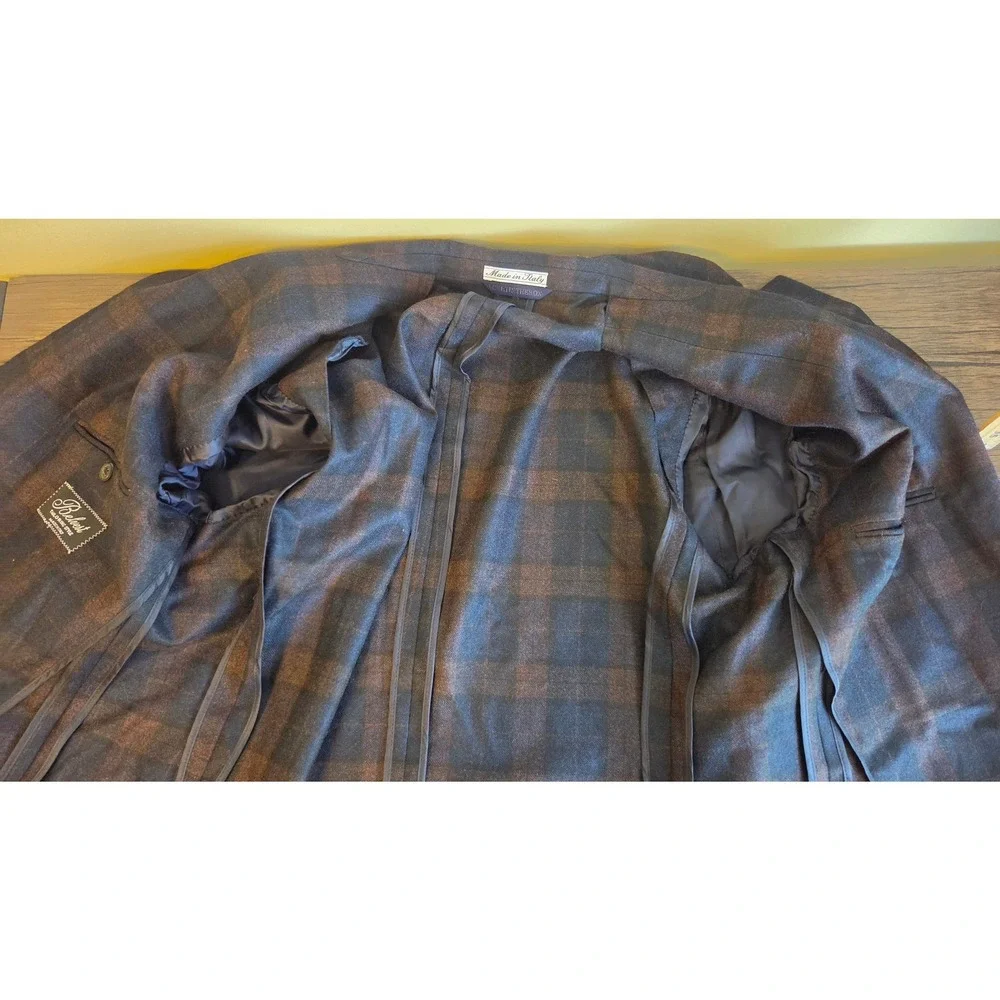 Belvest Italy Navy Brown Plaid Wool Blazer Sport Coat 45R Patch Pocket 2 Button